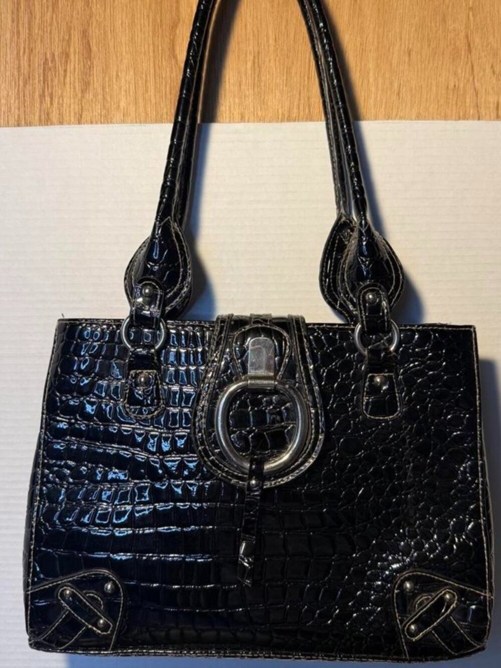 Black crocodile print handbag with silver hardware purse goth gaudy y2k tote